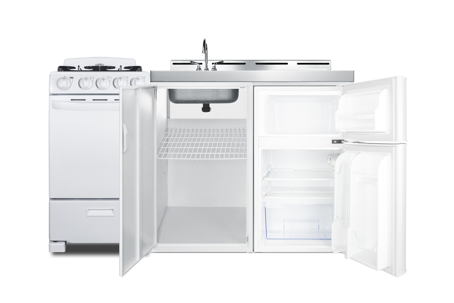 60 inch wide all-in-one kitchenette with 115V 4-burner gas range, refrigerator-freezer, sink, cutting board and cutlery storage, and a storage cabinet